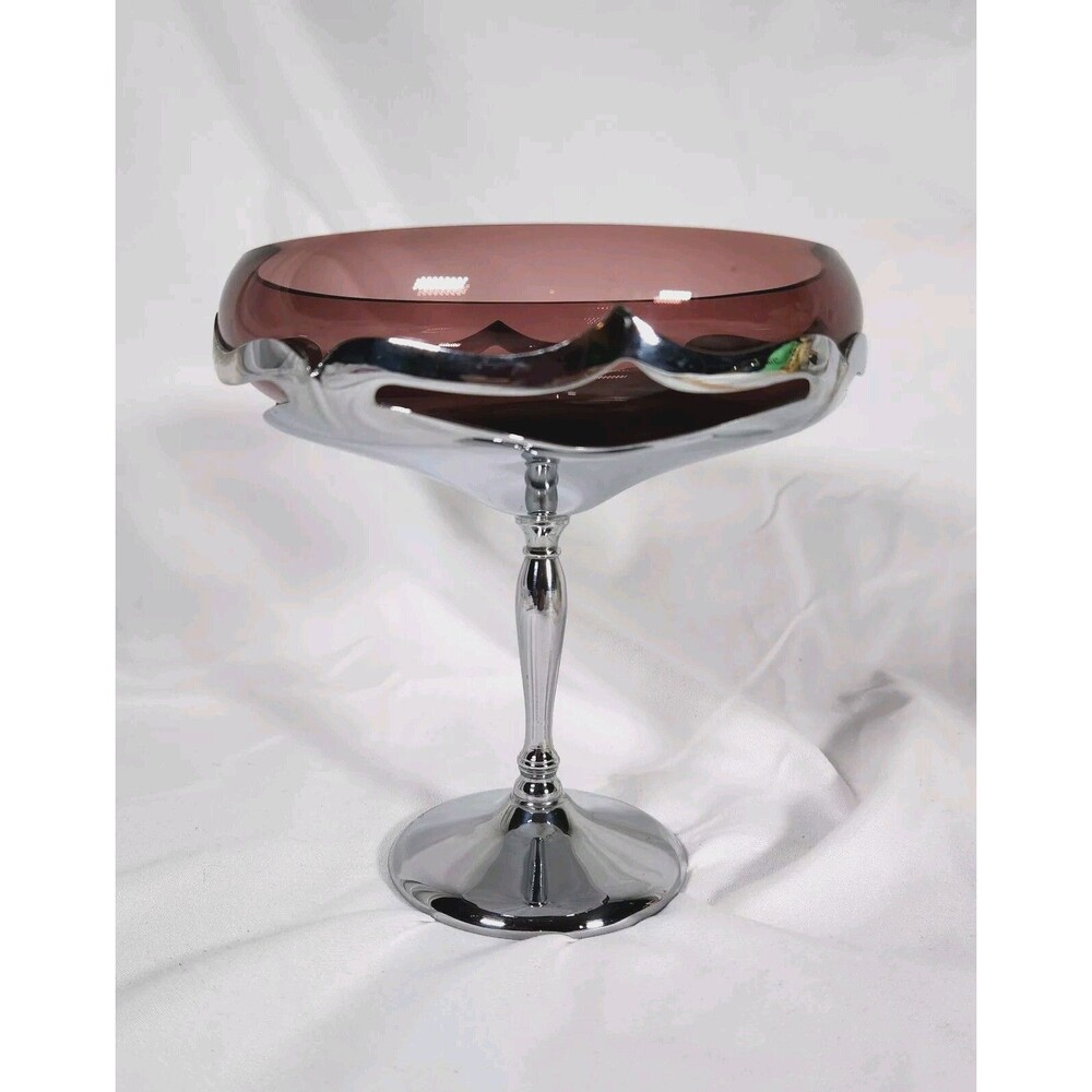 Vintage Farber Bros New York Krome-Kraft Purple Amethyst Art Deco Glass Compote